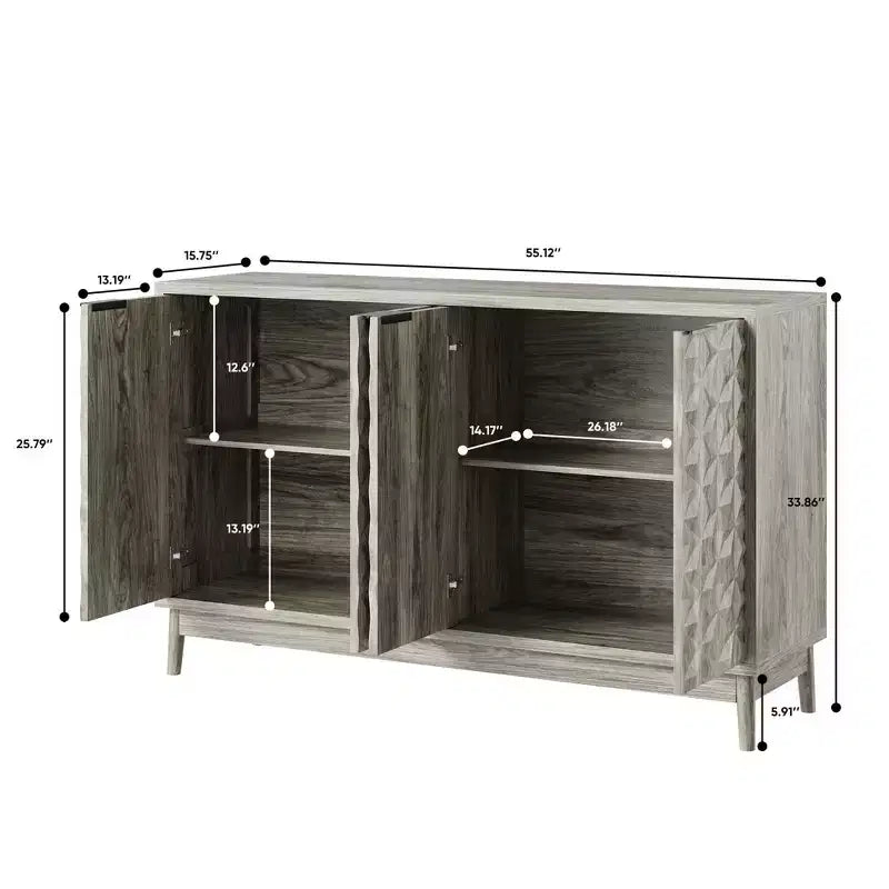 Aparador moderno Okak, aparador con 4 elegantes puertas de diseño geométrico, mueble de almacenamiento para sala de estar, oficina, cocina