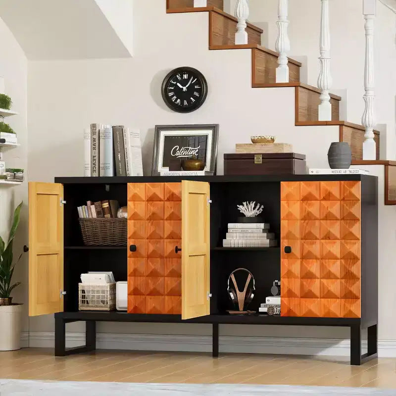 Aparador moderno Okak, aparador con 4 elegantes puertas de diseño geométrico, mueble de almacenamiento para sala de estar, oficina, cocina