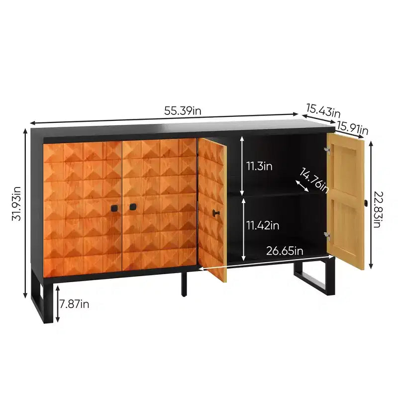 Aparador moderno Okak, aparador con 4 elegantes puertas de diseño geométrico, mueble de almacenamiento para sala de estar, oficina, cocina