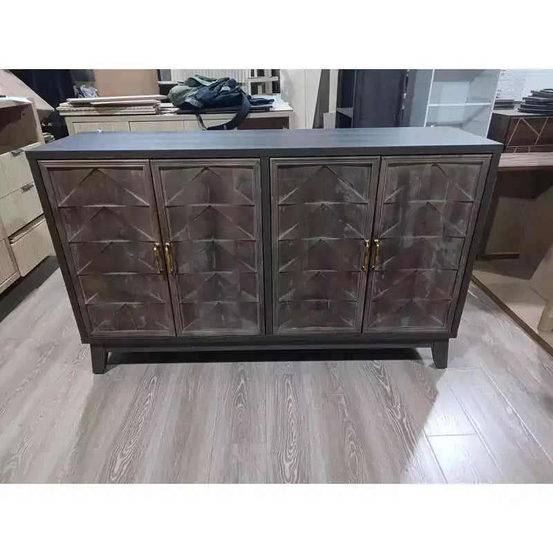Aparador moderno Okak, aparador con 4 elegantes puertas de diseño geométrico, mueble de almacenamiento para sala de estar, oficina, cocina