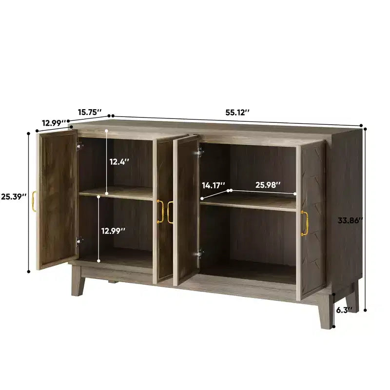 Aparador moderno Okak, aparador con 4 elegantes puertas de diseño geométrico, mueble de almacenamiento para sala de estar, oficina, cocina