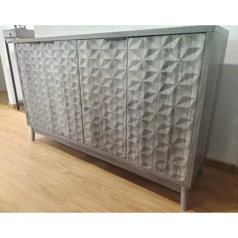 Aparador moderno Okak, aparador con 4 elegantes puertas de diseño geométrico, mueble de almacenamiento para sala de estar, oficina, cocina