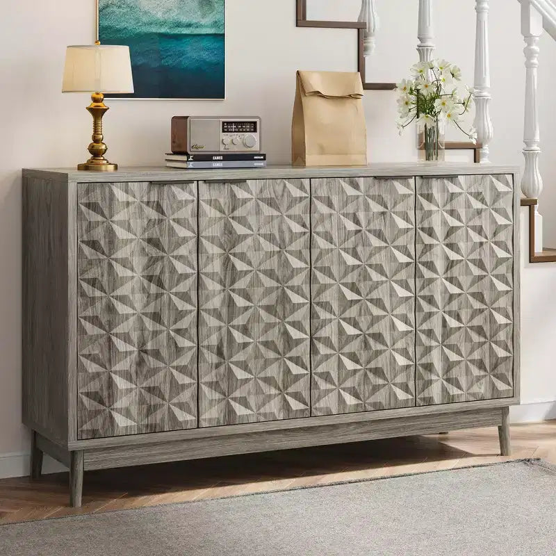 Aparador moderno Okak, aparador con 4 elegantes puertas de diseño geométrico, mueble de almacenamiento para sala de estar, oficina, cocina