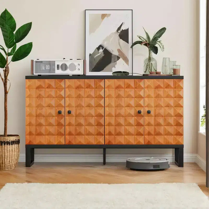 Aparador moderno Okak, aparador con 4 elegantes puertas de diseño geométrico, mueble de almacenamiento para sala de estar, oficina, cocina