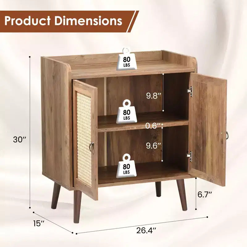 Okak Sideboard Cabinet, Buffet Cabinet with 2 Rattan Decorated Doors, Storage Cabinet for Living Room, Dining Room, Kitchen