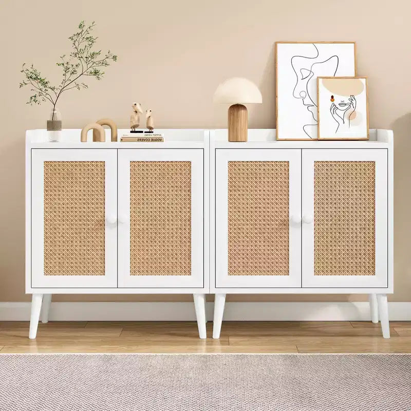 Okak Sideboard Cabinet, Buffet Cabinet with 2 Rattan Decorated Doors, Storage Cabinet for Living Room, Dining Room, Kitchen