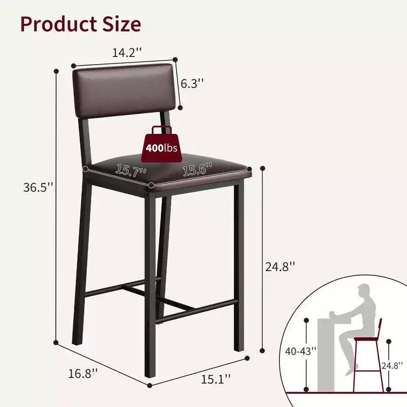 Juego de 4 taburetes de bar, taburetes de barra de 25" de altura con respaldo ergonómico, asiento de cuero PU, estructura de metal resistente para cocina, bar, restaurante