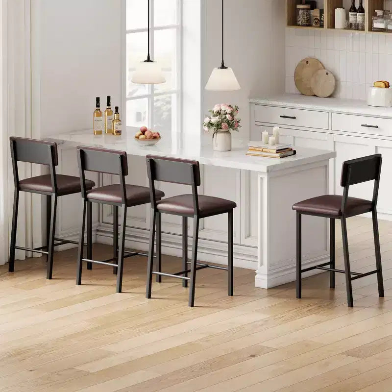 Juego de 4 taburetes de bar, taburetes de barra de 25" de altura con respaldo ergonómico, asiento de cuero PU, estructura de metal resistente para cocina, bar, restaurante