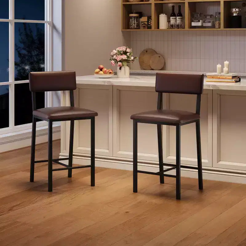Juego de 4 taburetes de bar, taburetes de barra de 25" de altura con respaldo ergonómico, asiento de cuero PU, estructura de metal resistente para cocina, bar, restaurante