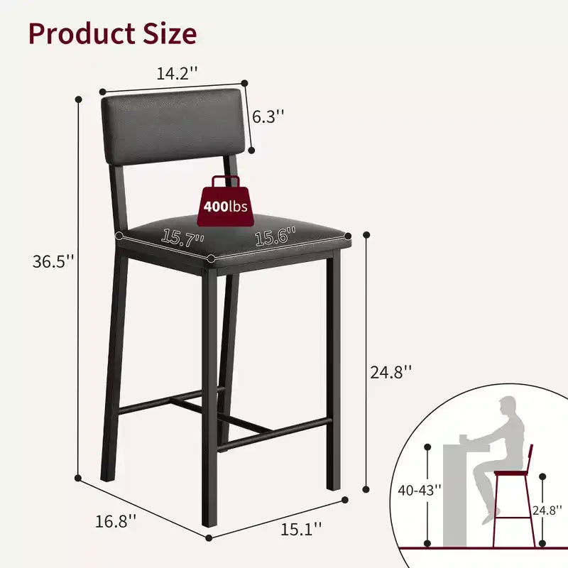 Juego de 4 taburetes de bar, taburetes de barra de 25" de altura con respaldo ergonómico, asiento de cuero PU, estructura de metal resistente para cocina, bar, restaurante
