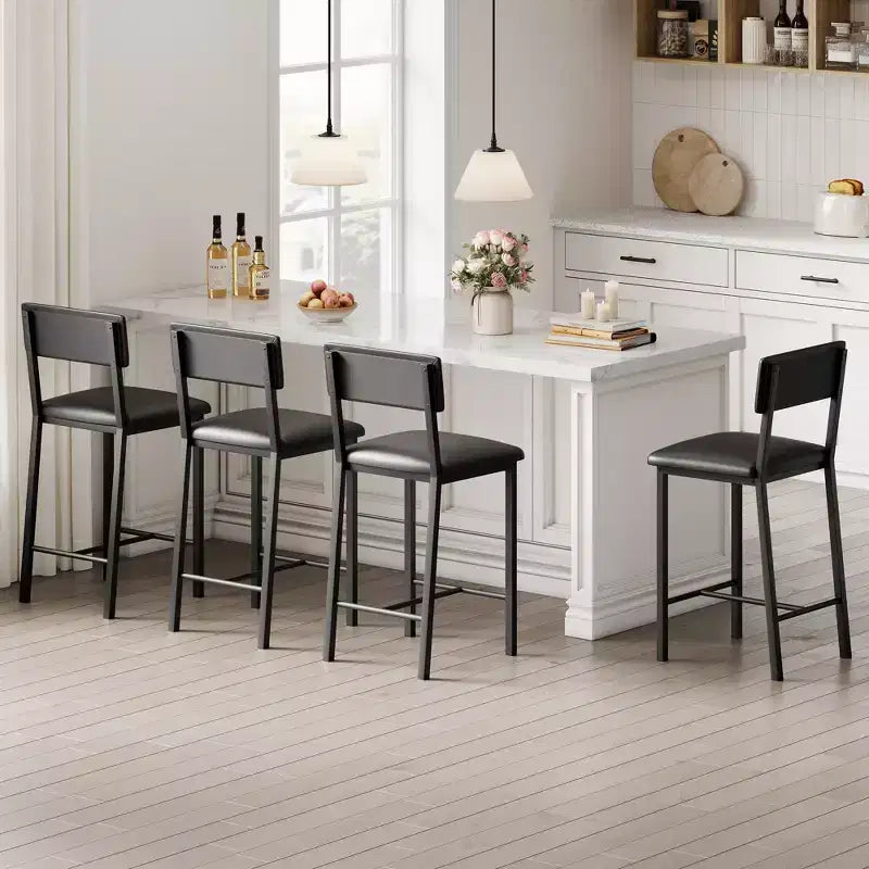 Juego de 4 taburetes de bar, taburetes de barra de 25" de altura con respaldo ergonómico, asiento de cuero PU, estructura de metal resistente para cocina, bar, restaurante
