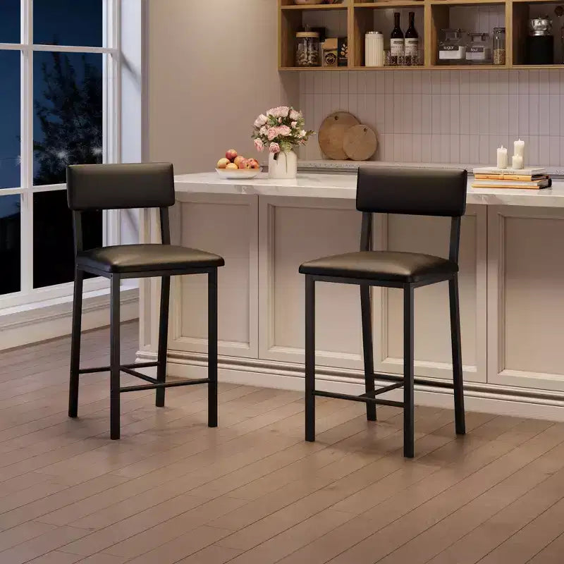 Juego de 4 taburetes de bar, taburetes de barra de 25" de altura con respaldo ergonómico, asiento de cuero PU, estructura de metal resistente para cocina, bar, restaurante