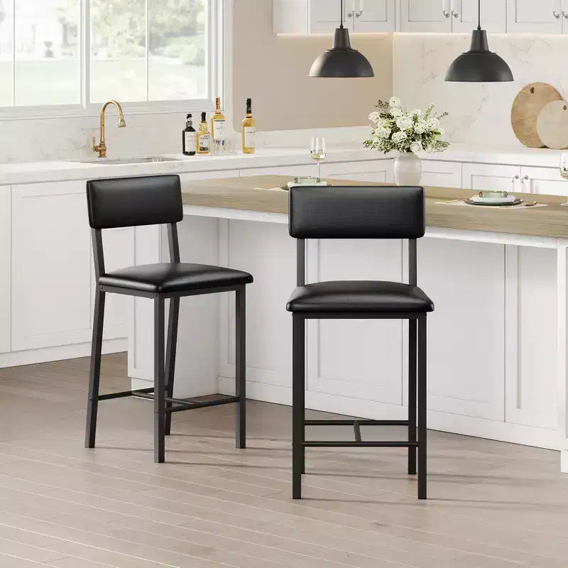 Juego de 4 taburetes de bar, taburetes de barra de 25" de altura con respaldo ergonómico, asiento de cuero PU, estructura de metal resistente para cocina, bar, restaurante