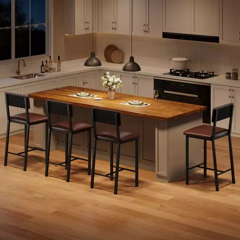 Juego de 4 taburetes de bar, taburetes de barra de 25" de altura con respaldo ergonómico, asiento de cuero PU, estructura de metal resistente para cocina, bar, restaurante