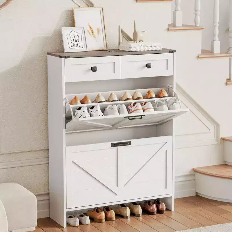 Coolmee Shoe Storage Cabinet, Narrow Shoe Racks with 2 Flip Drawers and 2 Drawers, Freestanding Shoe Organizer for Hallway, Foyer, Entryway