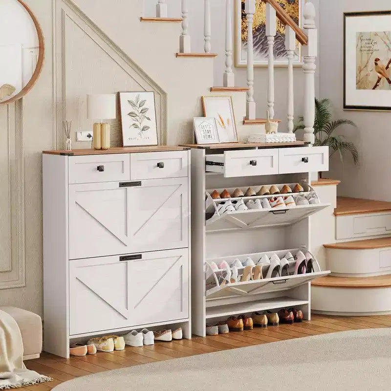 Coolmee Shoe Storage Cabinet, Narrow Shoe Racks with 2 Flip Drawers and 2 Drawers, Freestanding Shoe Organizer for Hallway, Foyer, Entryway