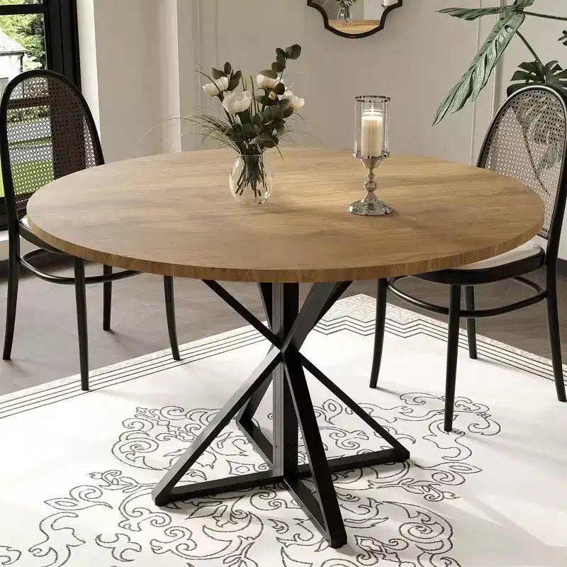 COZONY 47 Round Dining Table for 4, Wooden Top with 4-Piece Tabletop, Heavy Duty Metal Pedestal, Modern Kitchen & Dining Room Table