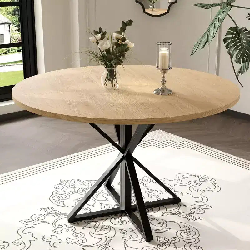 COZONY 47 Round Dining Table for 4, Wooden Top with 4-Piece Tabletop, Heavy Duty Metal Pedestal, Modern Kitchen & Dining Room Table