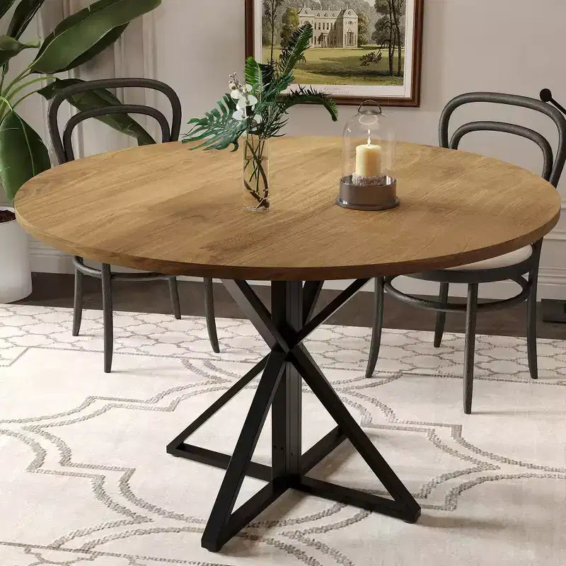47 Round Dining Table for 4, Wooden Top with 4-Piece Tabletop, Heavy Duty Metal Pedestal, Modern Kitchen & Dining Room Table
