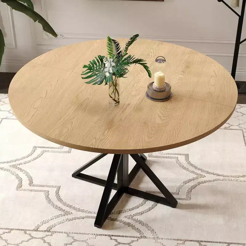47 Round Dining Table for 4, Wooden Top with 4-Piece Tabletop, Heavy Duty Metal Pedestal, Modern Kitchen & Dining Room Table