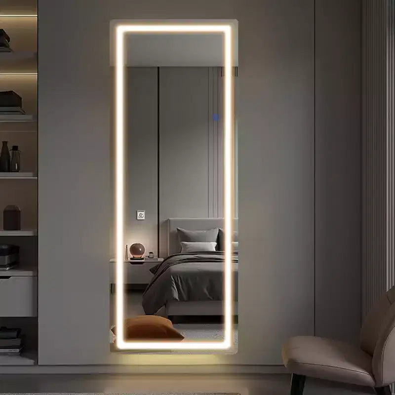 Espejo de cuerpo entero rectangular sin marco de aleación de aluminio con esquinas redondeadas MAYEERTY con soporte para sala de estar o dormitorio, blanco