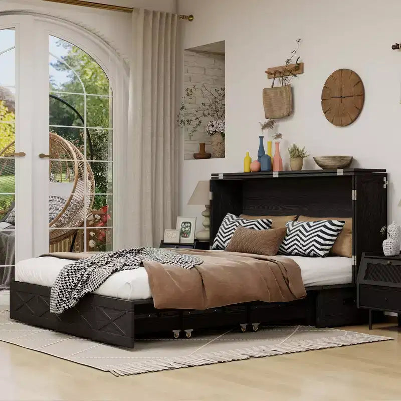 Cama de pared Queen Keloyid Haimyy de madera maciza con cargador integrado y cajón resistente