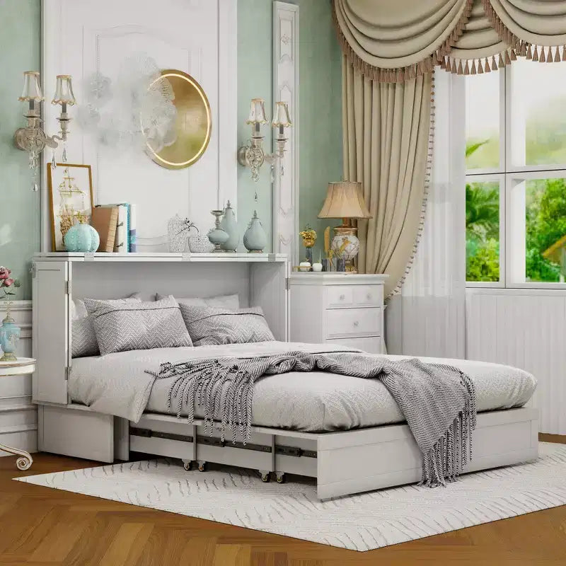 Cama de pared Queen Keloyid Haimyy de madera maciza con cargador integrado y cajón resistente
