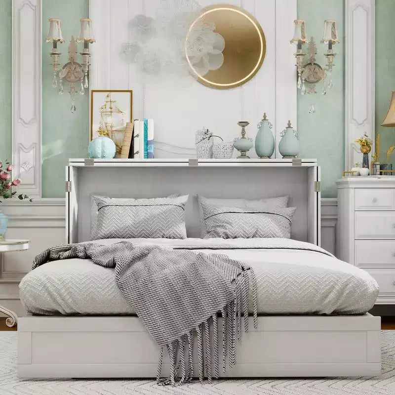 Cama de pared Queen Keloyid Haimyy de madera maciza con cargador integrado y cajón resistente