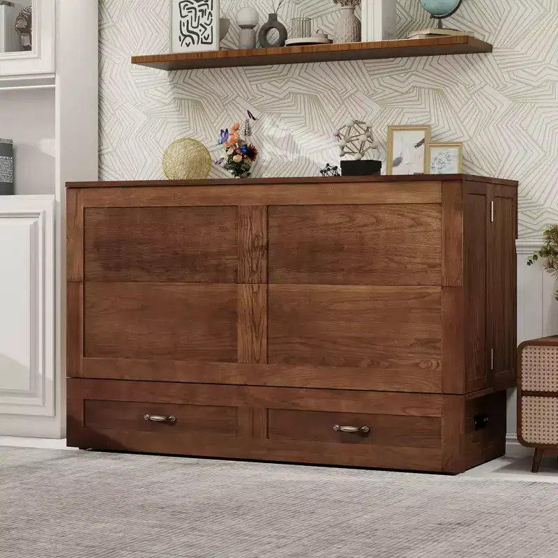 Cama de pared Queen Keloyid Haimyy de madera maciza con cargador integrado y cajón resistente
