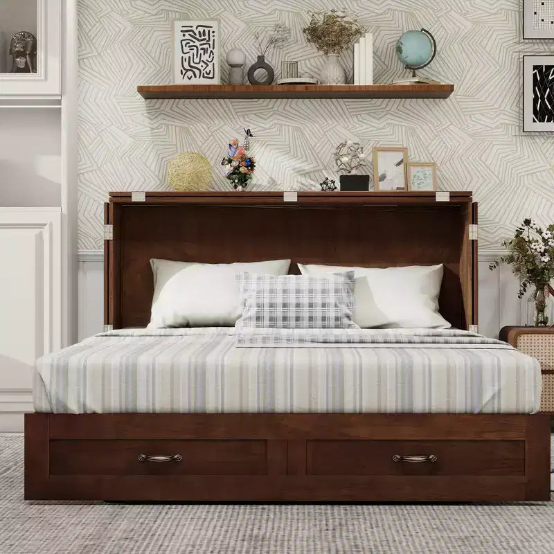 Cama de pared Queen Keloyid Haimyy de madera maciza con cargador integrado y cajón resistente