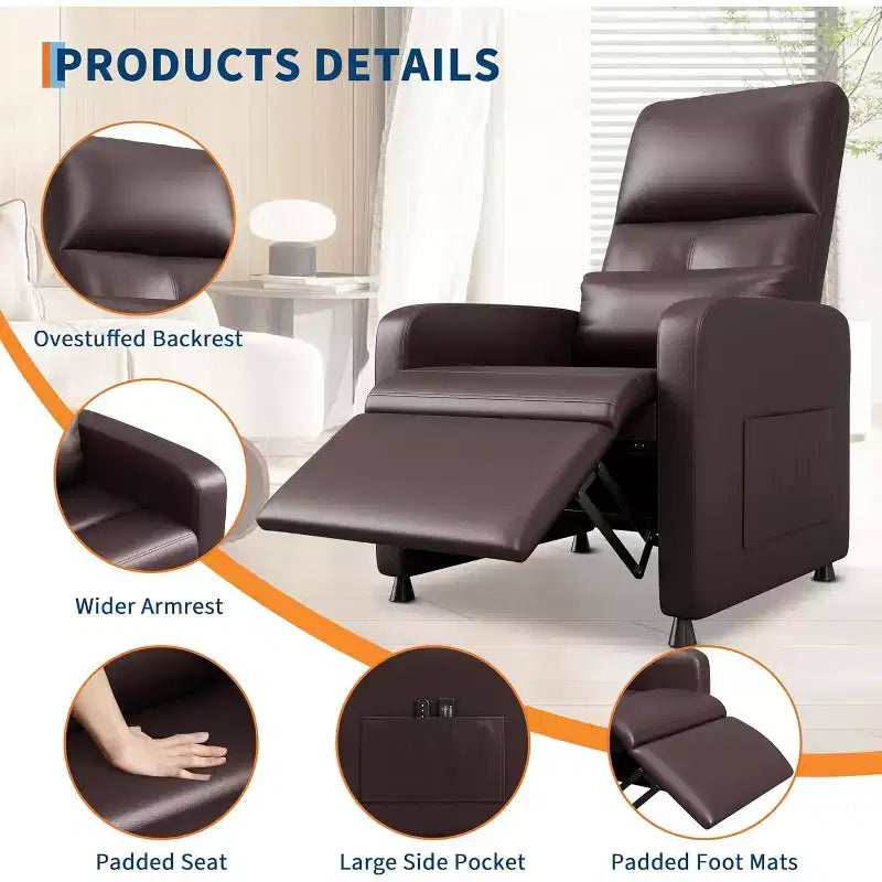 Electric recliner, adjustable recliner, ergonomic, thickened PU leather, high back, padded seat, 2 side pockets, family chair for living room