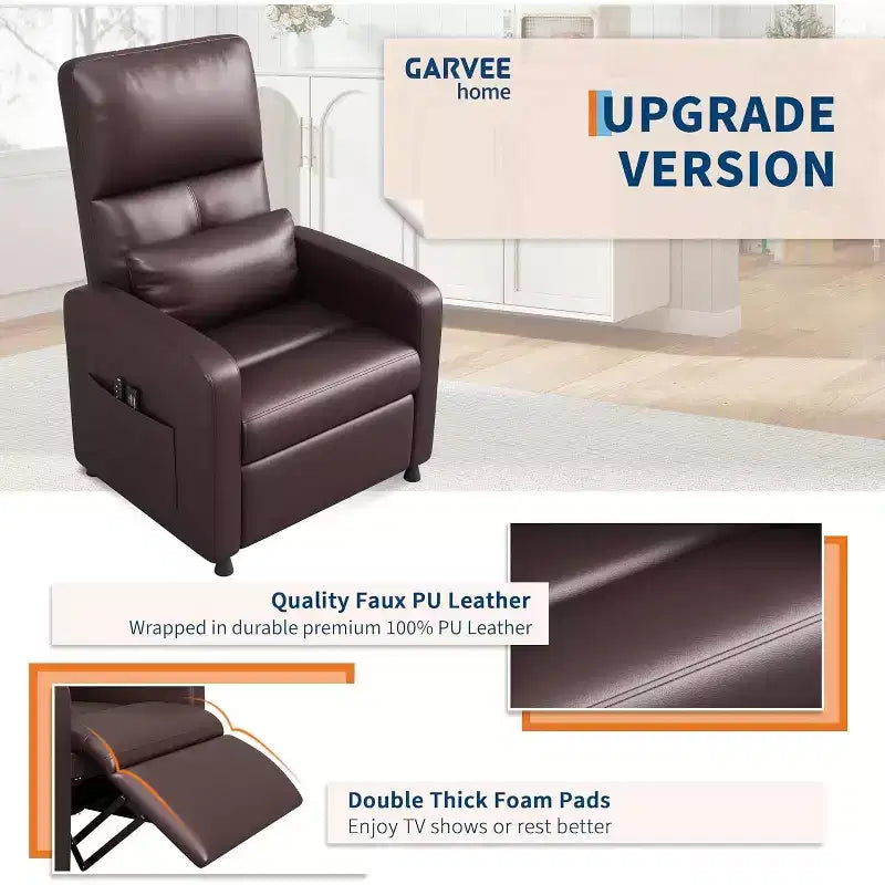 Electric recliner, adjustable recliner, ergonomic, thickened PU leather, high back, padded seat, 2 side pockets, family chair for living room