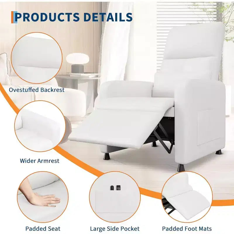 Electric recliner, adjustable recliner, ergonomic, thickened PU leather, high back, padded seat, 2 side pockets, family chair for living room