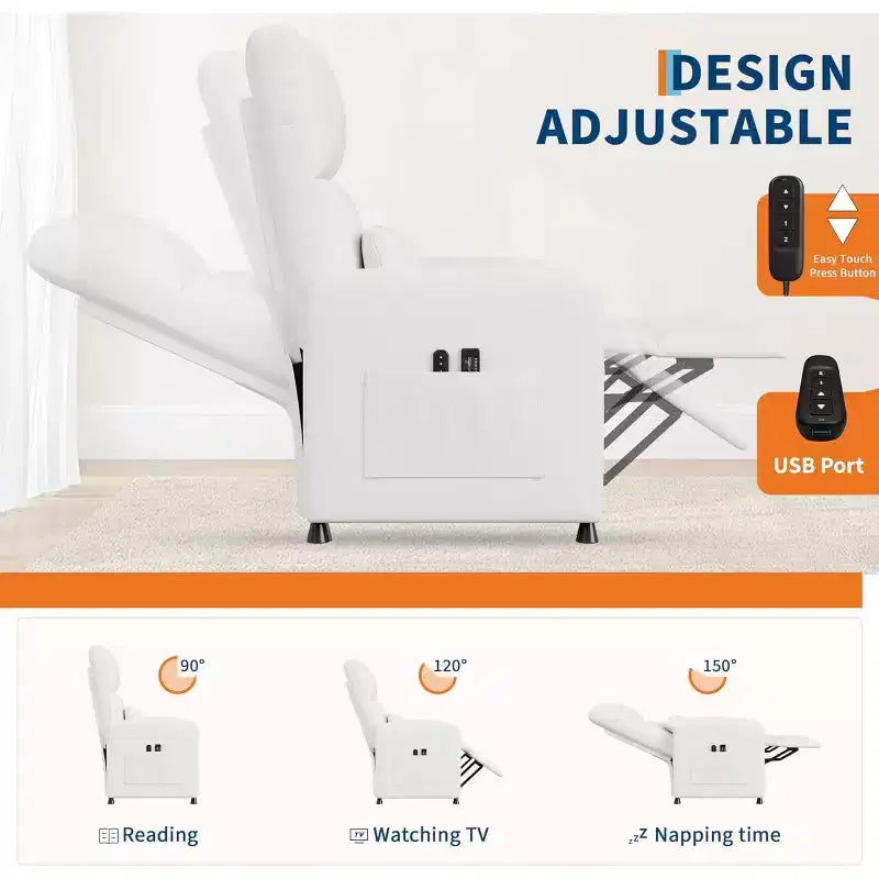 Electric recliner, adjustable recliner, ergonomic, thickened PU leather, high back, padded seat, 2 side pockets, family chair for living room