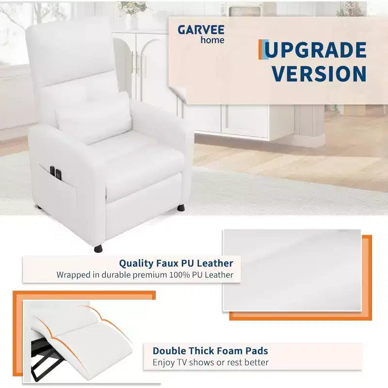 Electric recliner, adjustable recliner, ergonomic, thickened PU leather, high back, padded seat, 2 side pockets, family chair for living room