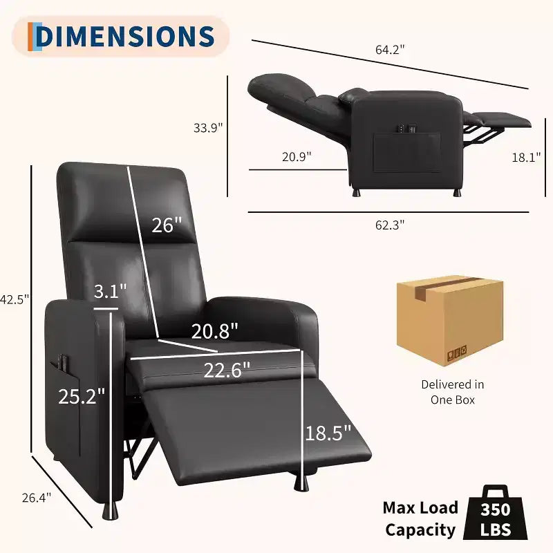 Electric recliner, adjustable recliner, ergonomic, thickened PU leather, high back, padded seat, 2 side pockets, family chair for living room