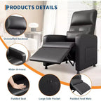 Electric recliner, adjustable recliner, ergonomic, thickened PU leather, high back, padded seat, 2 side pockets, family chair for living room