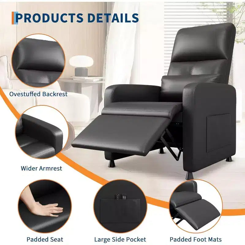 Electric recliner, adjustable recliner, ergonomic, thickened PU leather, high back, padded seat, 2 side pockets, family chair for living room