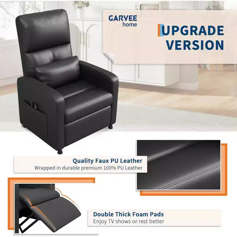 Electric recliner, adjustable recliner, ergonomic, thickened PU leather, high back, padded seat, 2 side pockets, family chair for living room