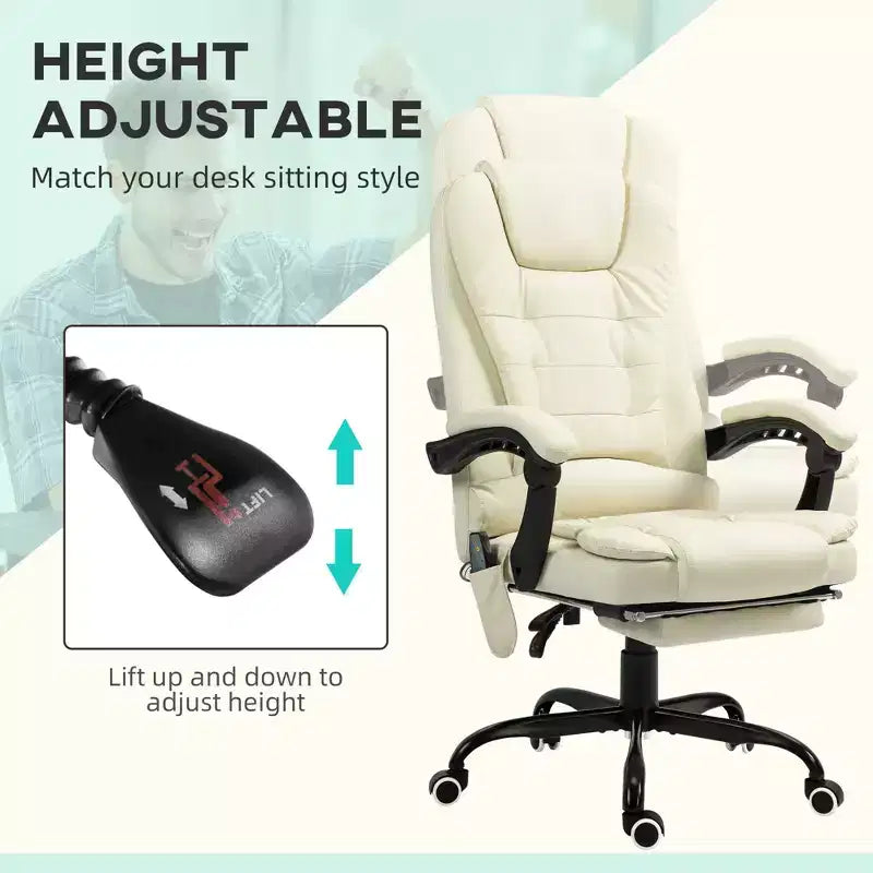 Okak Massage Office Chair with 7-Point Vibration, Computer Chair with Lumbar Support and Footrest, 360 Swivel Chair for Home, Office, White
