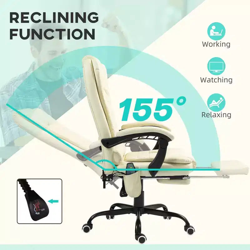 Okak Massage Office Chair with 7-Point Vibration, Computer Chair with Lumbar Support and Footrest, 360 Swivel Chair for Home, Office, White