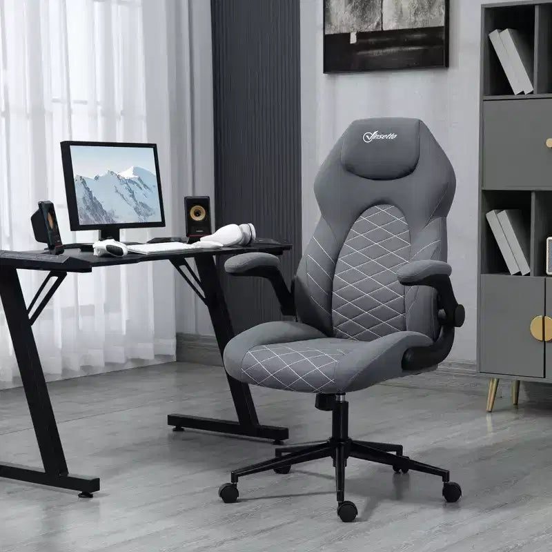 Silla de oficina ergonómica de respaldo alto Okak con ruedas, silla de escritorio con reposabrazos abatibles y altura ajustable, silla cómoda para estudio, oficina, gris