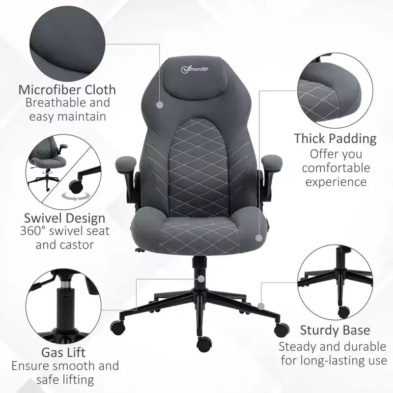 Silla de oficina ergonómica de respaldo alto Okak con ruedas, silla de escritorio con reposabrazos abatibles y altura ajustable, silla cómoda para estudio, oficina, gris
