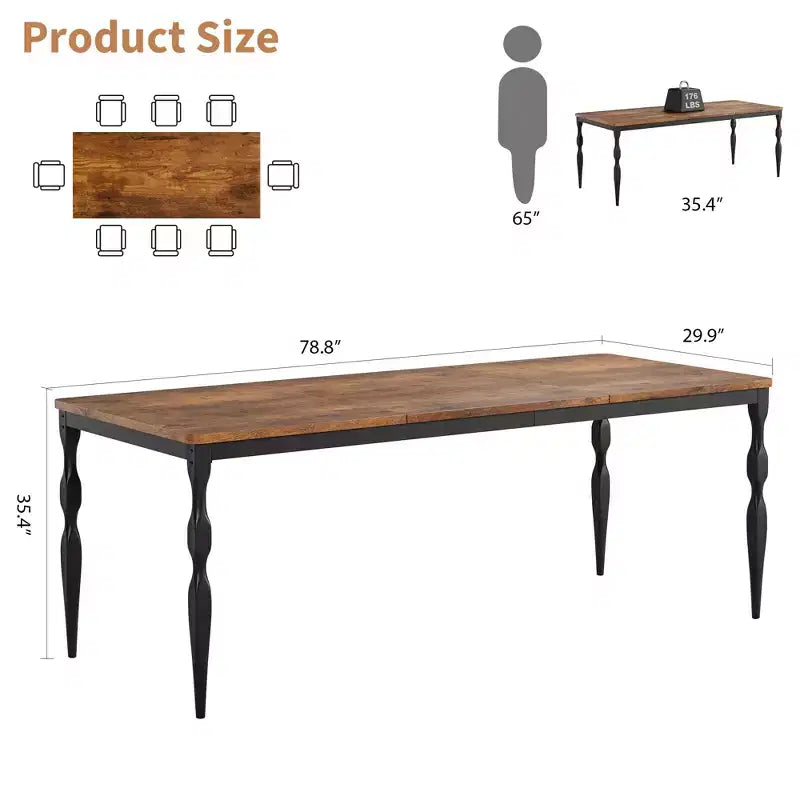 78.8 Inch Wooden Farmhouse Kitchen Table with Large Tabletop with Heavy Duty Legs for Party, Big Family, Rectangular Dining Table for 6Not Chairs