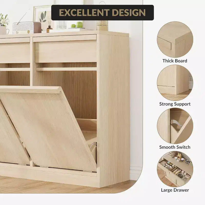 Cubo de basura basculante COZONY, gabinete de madera natural para cubos de basura ocultos de 10/20 galones, gabinete de basura moderno a prueba de mascotas