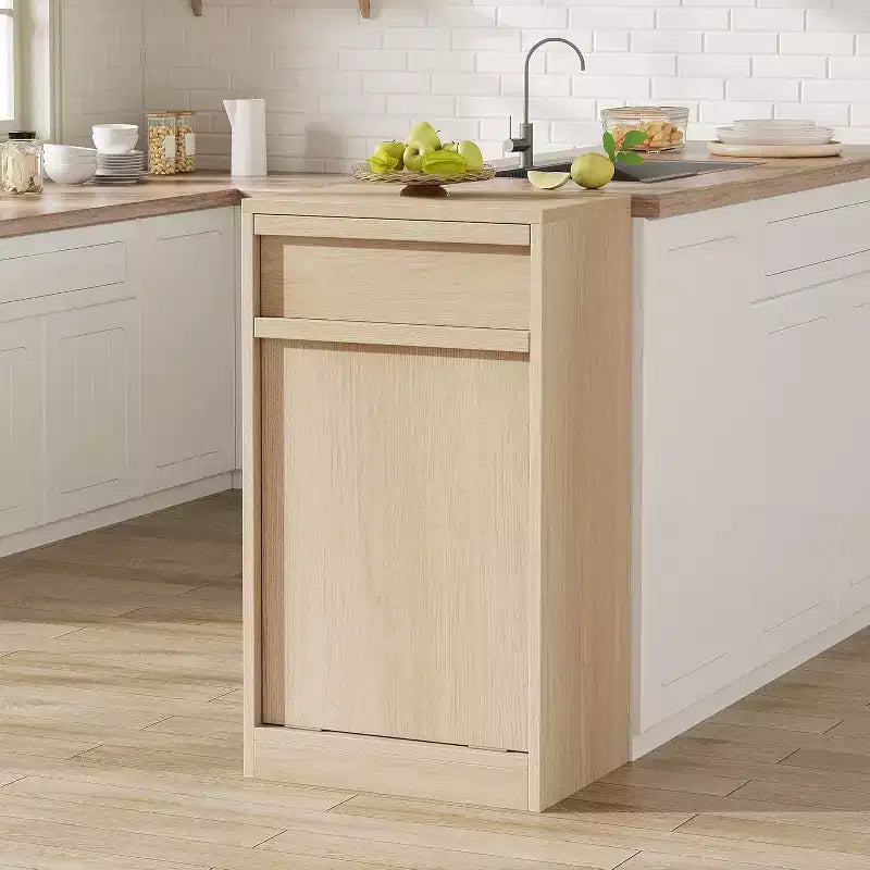 Cubo de basura basculante COZONY, gabinete de madera natural para cubos de basura ocultos de 10/20 galones, gabinete de basura moderno a prueba de mascotas