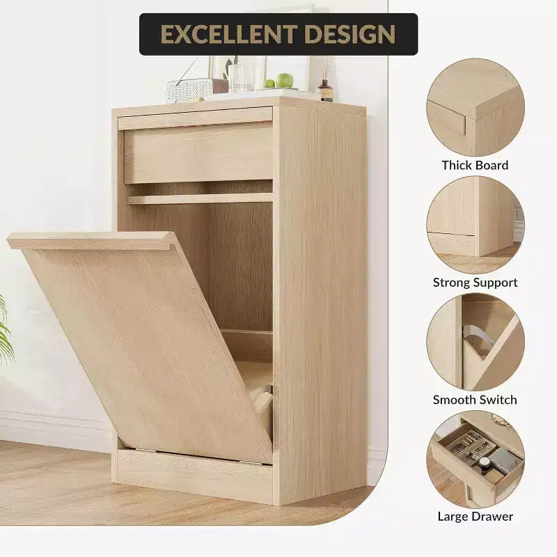 Cubo de basura basculante COZONY, gabinete de madera natural para cubos de basura ocultos de 10/20 galones, gabinete de basura moderno a prueba de mascotas