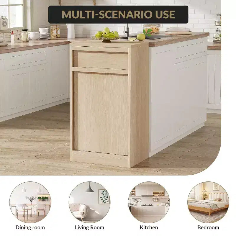 Cubo de basura basculante COZONY, gabinete de madera natural para cubos de basura ocultos de 10/20 galones, gabinete de basura moderno a prueba de mascotas