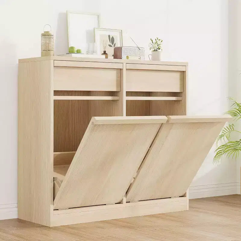 Cubo de basura basculante COZONY, gabinete de madera natural para cubos de basura ocultos de 10/20 galones, gabinete de basura moderno a prueba de mascotas