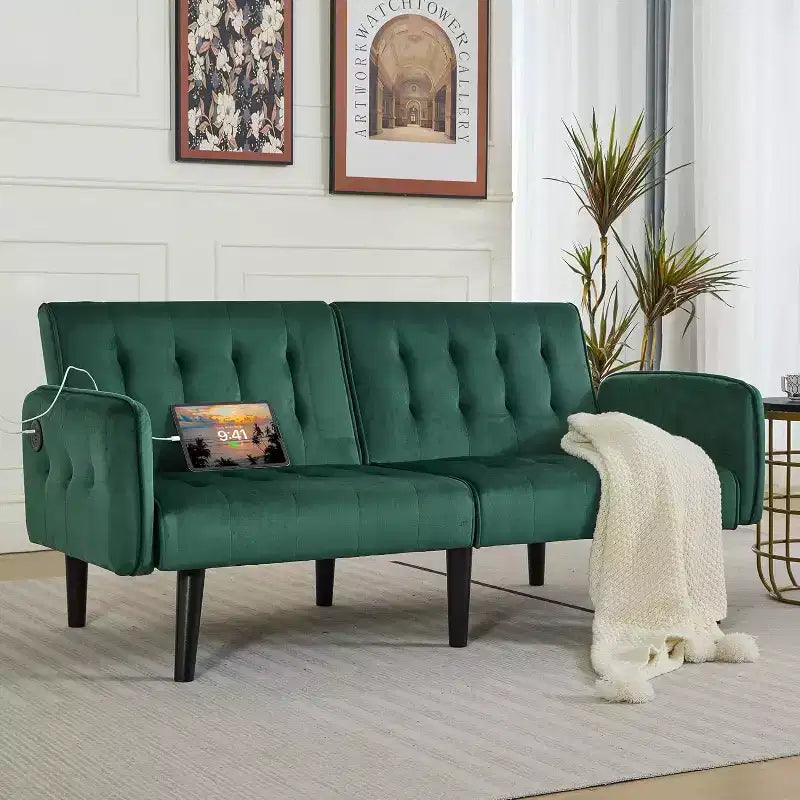 65 Convertible Loveseat Sofa Bed with USB Ports, 3-Position Adjustable Backrest, Modern Tufted Small Sofa